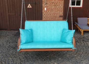 Bankauflage mit Rücklehne und Zierkissen nach Maß für Hollywoodschaukel in der Farbe Moma Turquoise Bankauflage mit Rücklehne und Zierkissen nach Maß für Hollywoodschaukel in der Farbe Moma Turquoise