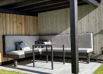 Loungekissen-Set und Lounge Rücklehne nach Maß für Gartenmöbel in der Farbe Sunny Gris