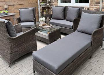 Lounge Sitzkissen 120x60x10cm,180x58x10cm, 60x60x10cm und Lounge Rcklehne/Zierkissen 60x60x20cm in der Farbe Sunny Orage/Dunkelgrau
